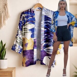 🛍️ CHICOS Blue Abstract Watercolor Open Front 3/4” Sleeve Top Kimono Small - Med